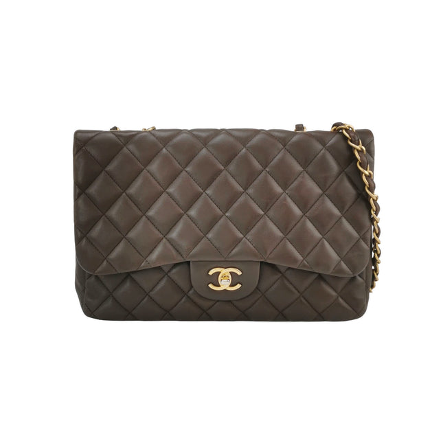 Chanel Classic Flap Jumbo Brown Lambskin Leather Single Flap Gold Hardware
