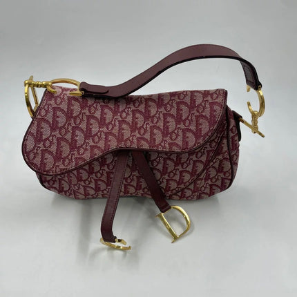 Dior Vintage Double Saddle Burgundy Oblique Monogram Canvas Gold Hardware