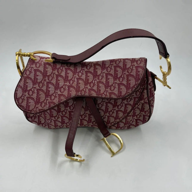 Dior Vintage Double Saddle Burgundy Oblique Monogram Canvas Gold Hardware