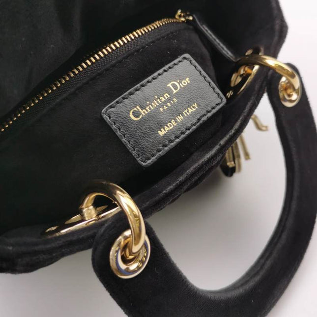Sold Lady Dior Mini Black Suede with Light Gold-tone Hardware and Crystal Logo