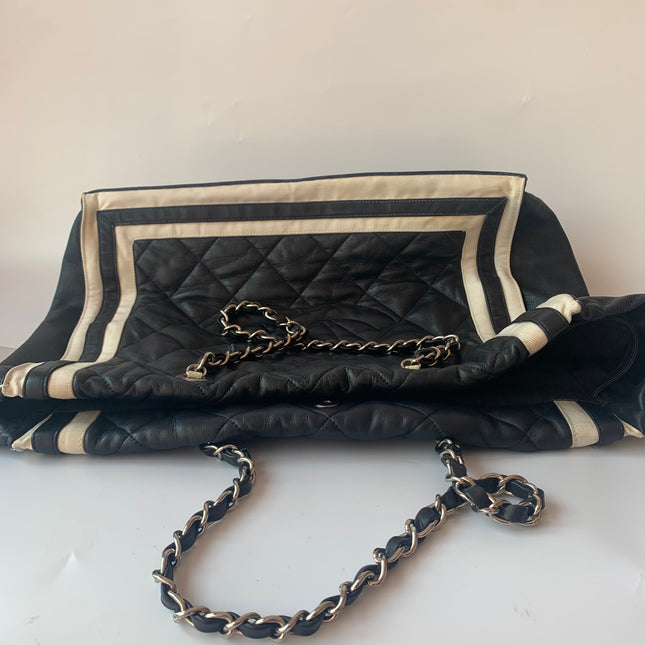 Chanel CC Shopping Tote Medium Cannage Lambskin Leather Navy with White Stripes