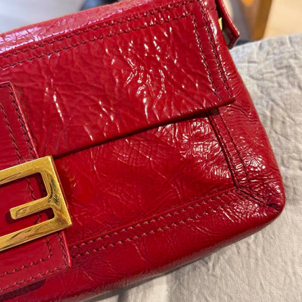 FENDI Baguette Red Crinkled Patent Leather Shoulder Bag