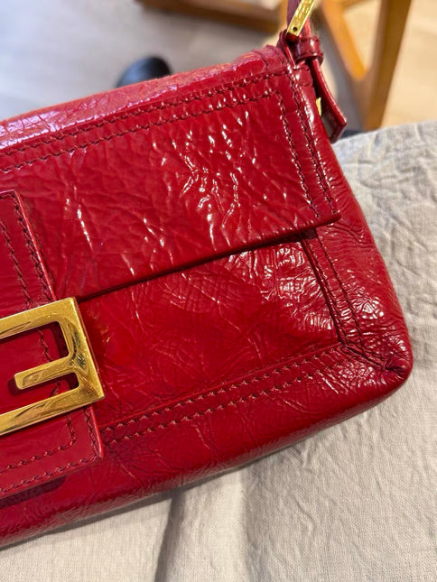 FENDI Baguette Red Crinkled Patent Leather Shoulder Bag
