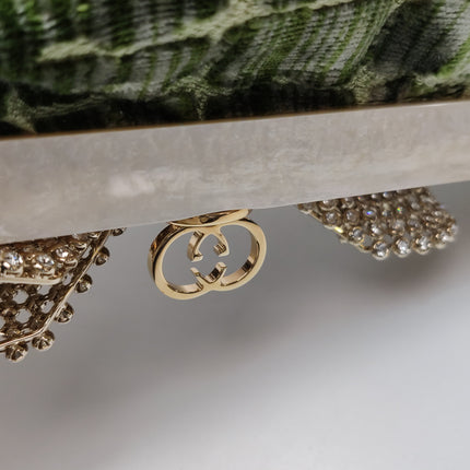 Gucci Crocodile-Pattern Green Velvet Jacquard Handbag Crystal Ribbon Chain Strap