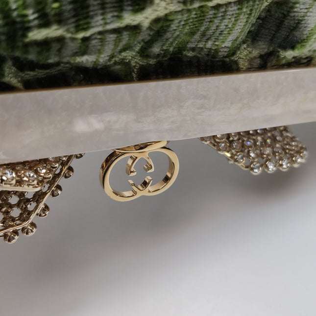 Gucci Crocodile-Pattern Green Velvet Jacquard Handbag Crystal Ribbon Chain Strap