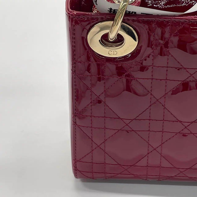 Lady Dior Mini 2020 Red Burgundy Patent Leather Gold Hardware Suede Interior Chain Strap