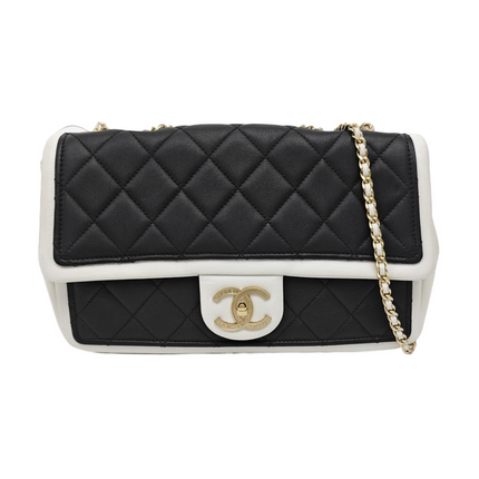 Chanel Graphic Medium Flap Bag Black Lambskin Leather White Edge-Luxbags