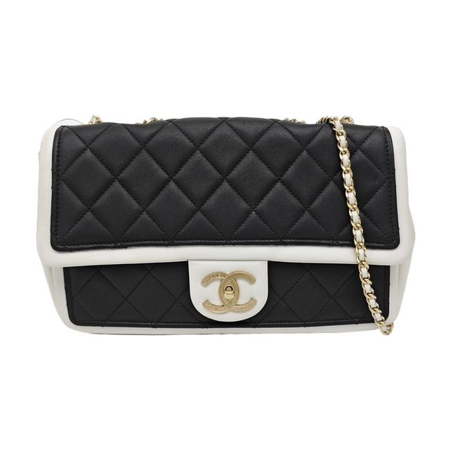 Chanel Graphic Medium Flap Bag Black Lambskin Leather White Edge-Luxbags