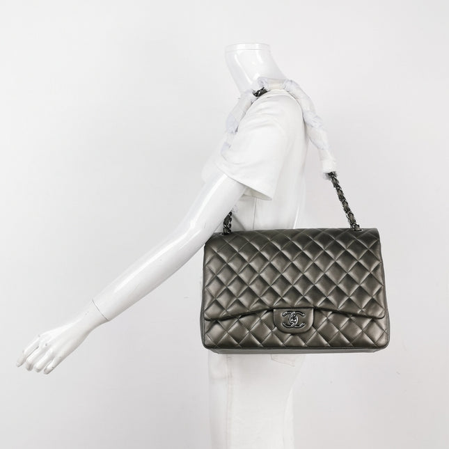 Chanel Classic Flap Maxi Metallic Lambskin Leather Double Flap Sliver Hardware 2013-14