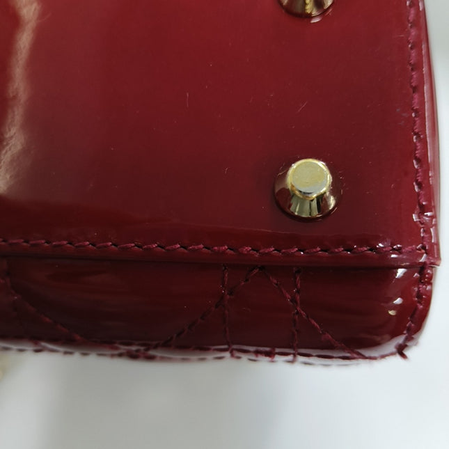 Lady Dior Mini Handbag Burgundy Red Patent Leather Gold-tone Chain Strap