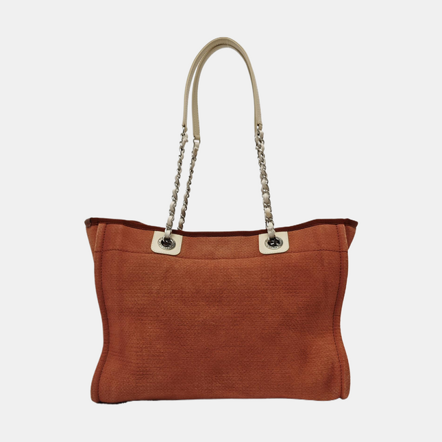 Chanel Deauville Tote Red Cloth Leather Chain Strap Small 34cm