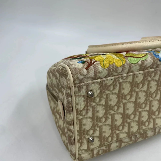 Dior Boston Bowling Bag White Oblique Monogram Canvas With Flower Embroidery