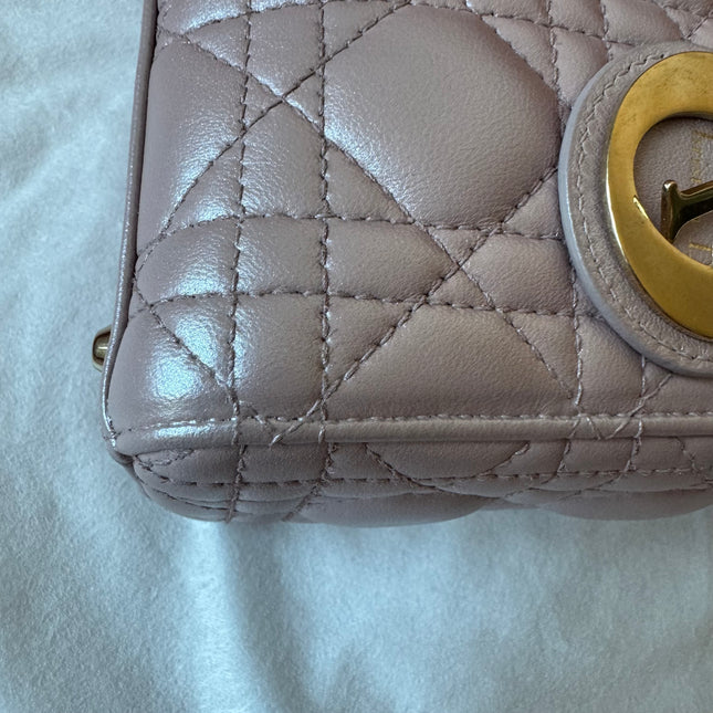 Lady Dior Mini Pearlescent Pink Lambskin Leather Gold HW Chain Strap