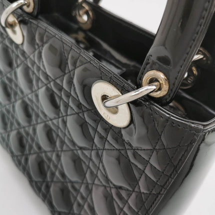 Lady Dior Medium Black Patent Leather Handbag with Silver Hardware