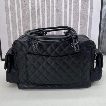 Chanel Cambon Multi-pocket Ligne Reporter Bag Large Black Calfskin Leather White Logo