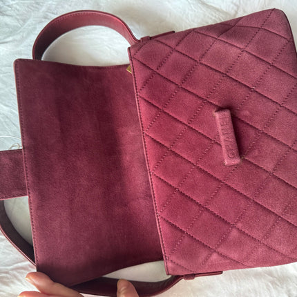 Chanel Vintage Medium Flap Top Handle Bag Burgundy Suede Leather 1997-1999