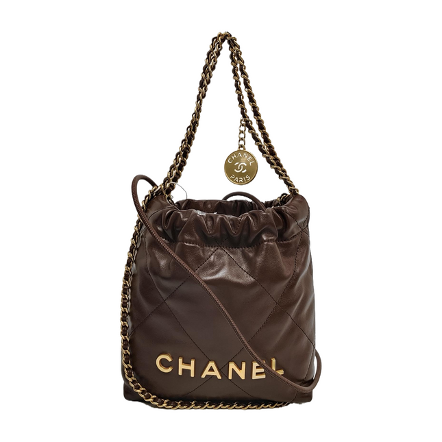 Chanel 22 Hobo Bag Mini Shiny Calfskin Leather Dark Chocolate Brown with Gold-tone Hardware-Luxbags