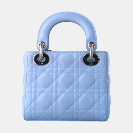 Lady Dior Mini Blue Cannage Lambskin Silver Hardware Crossbody Handbag