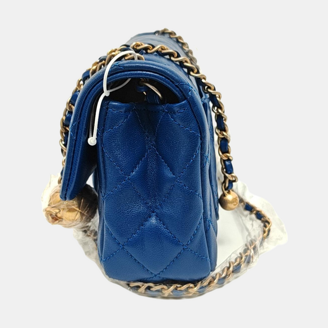 Chanel Classic Flap Rectangular Mini Blue Lambskin Pearl Crush Adjustable Gold Ball Chain