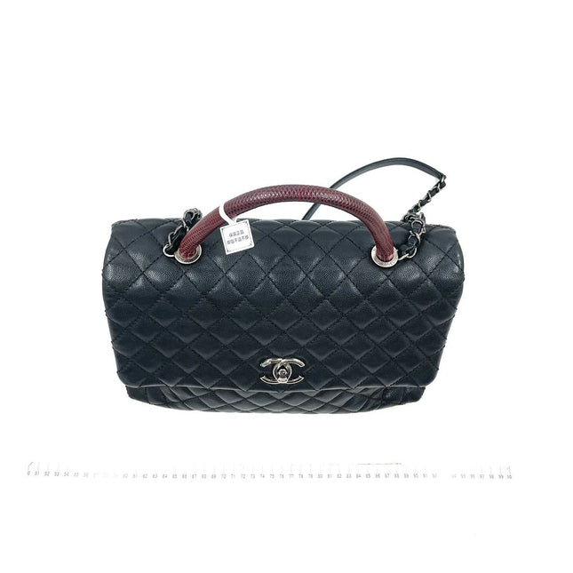 Chanel Coco Handle Maxi Black Caviar Leather Burgundy Lizard Handle Silver Hardware 32cm