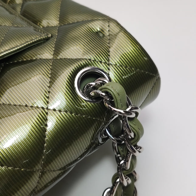 Chanel Classic Flap Maxi Metallic Green Patent Leather Double Flap Sliver Hardware 2012
