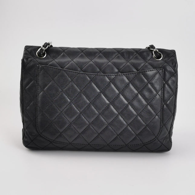 Chanel Classic Flap Maxi Black Soft Caviar Leather Silver-tone Hardware Giant CC Logo