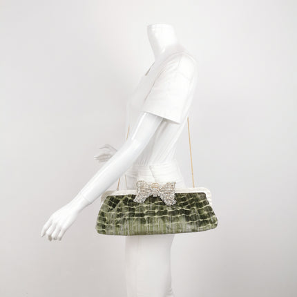 Gucci Crocodile-Pattern Green Velvet Jacquard Handbag Crystal Ribbon Chain Strap