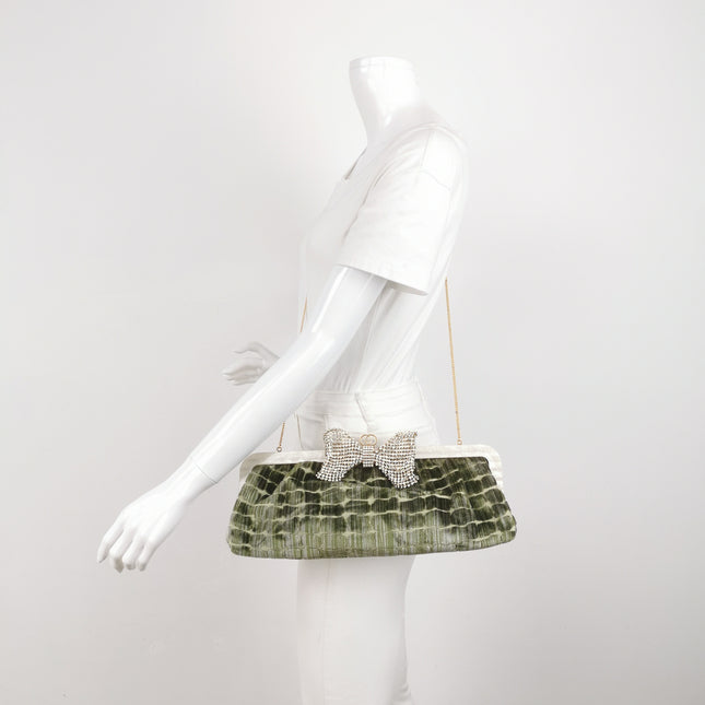 Gucci Crocodile-Pattern Green Velvet Jacquard Handbag Crystal Ribbon Chain Strap
