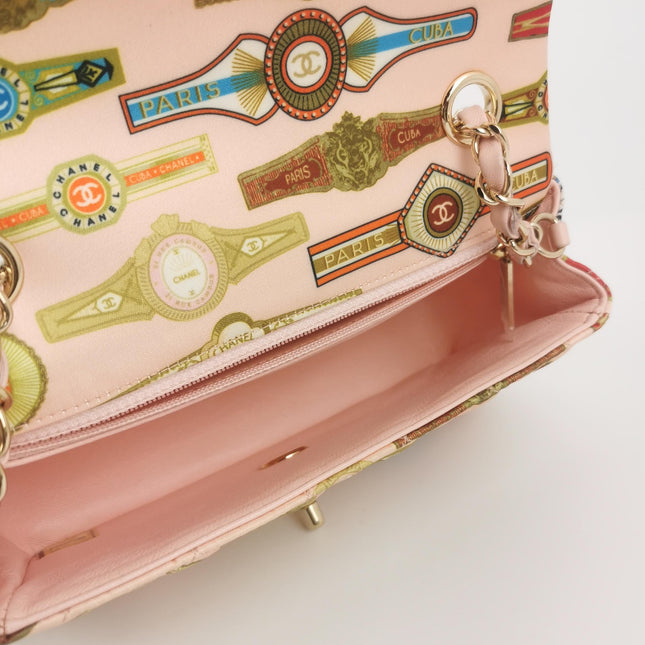 Chanel Classic Flap Mini Satin Paris Cuba Cigar Label Print Pink Multicolor, 2017