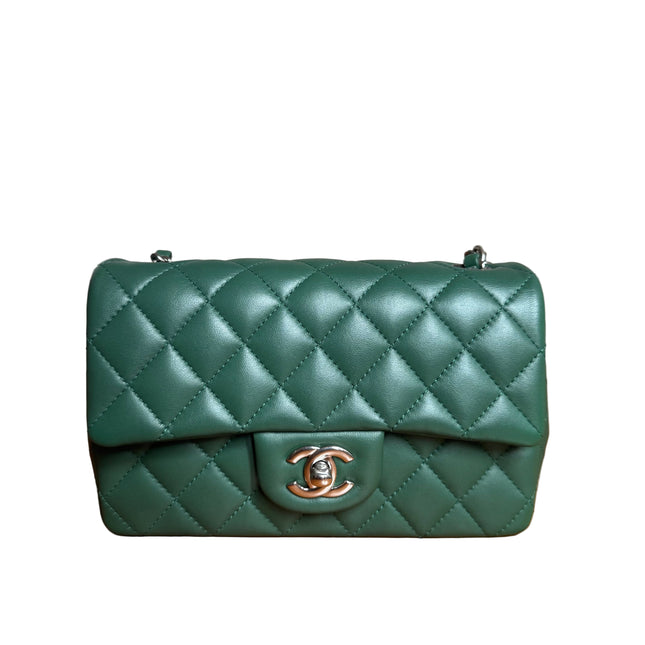 Chanel Classic Flap Mini Rectangular Green Lambskin Leather Silver Hardware-Luxbags