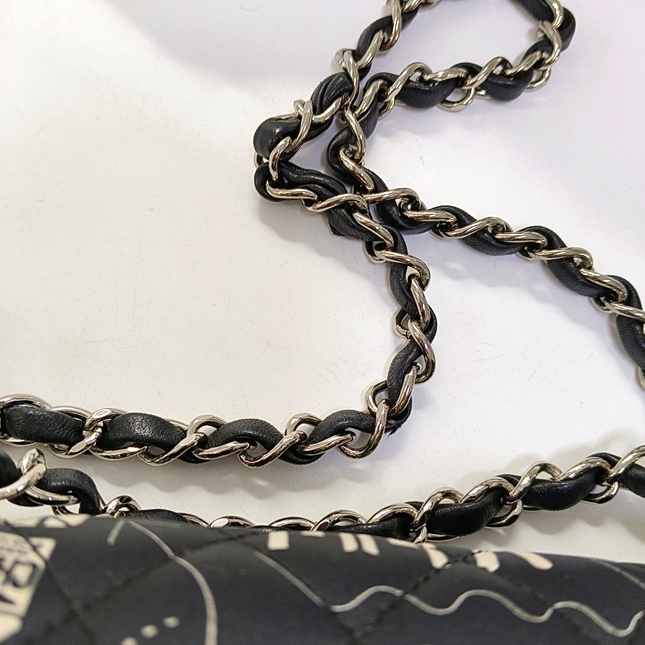 Chanel Satin Airline Printed Medium Double Flap Bag Black and White