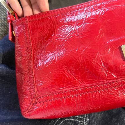 FENDI Baguette Red Crinkled Patent Leather Shoulder Bag