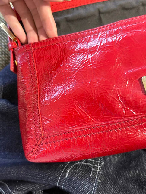 FENDI Baguette Red Crinkled Patent Leather Shoulder Bag