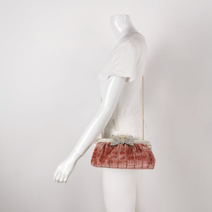 Gucci Crocodile-Pattern Pink Velvet Jacquard Medium Handbag Crystal Ribbon Chain Strap