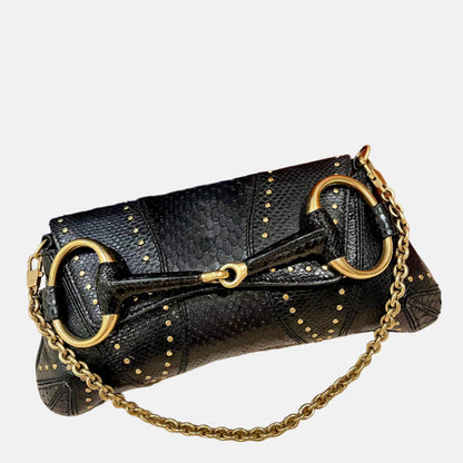 Gucci Horsebit 1955 Small Snake skin leather Black Gold Studded Shoulder Bag-Luxbags