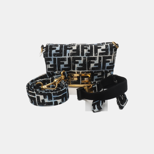 Fendi Baguette Mini Blue Black Zucca Nylon Gold Hardware Two-way Carry Bag