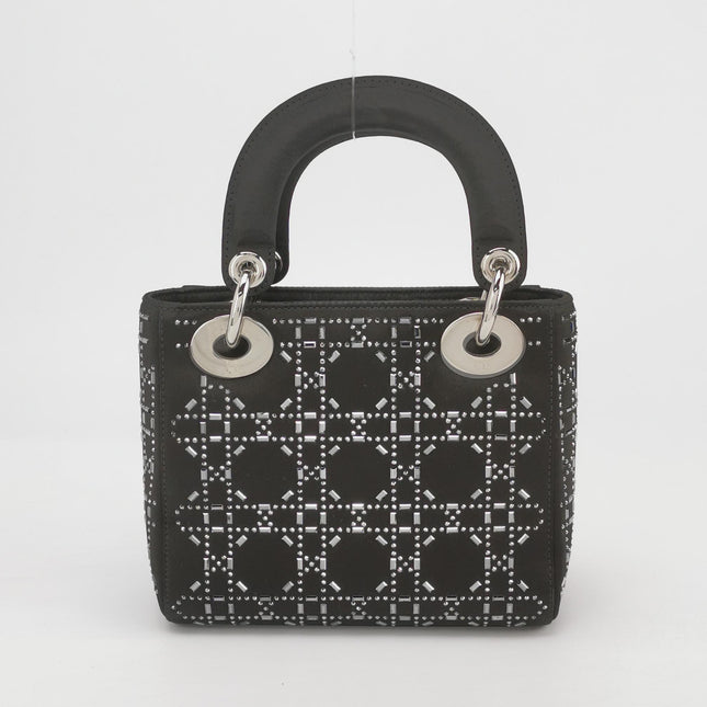 Lady Dior Mini Black Silk with Crystals Silver Hardware