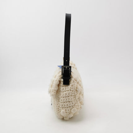 Fendi Baguette Bag White Crochet Knit Wool Pompom Shoulder Bag