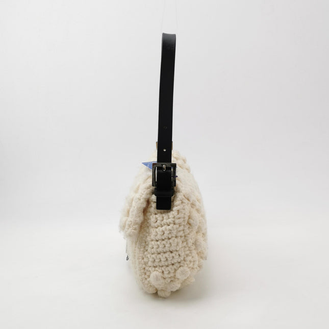 Fendi Baguette Bag White Crochet Knit Wool Pompom Shoulder Bag