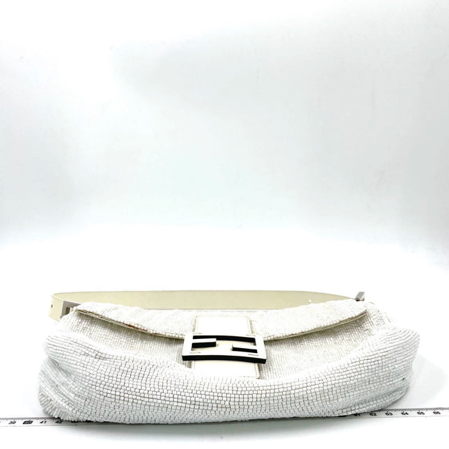 Fendi Baguette Vintage White Glitter Beads Brown Leather