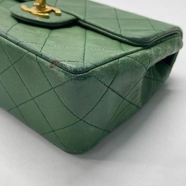 Chanel Vintage Classic Flap Mini Square Green Lambskin 24k Gold HW, 1989-1991