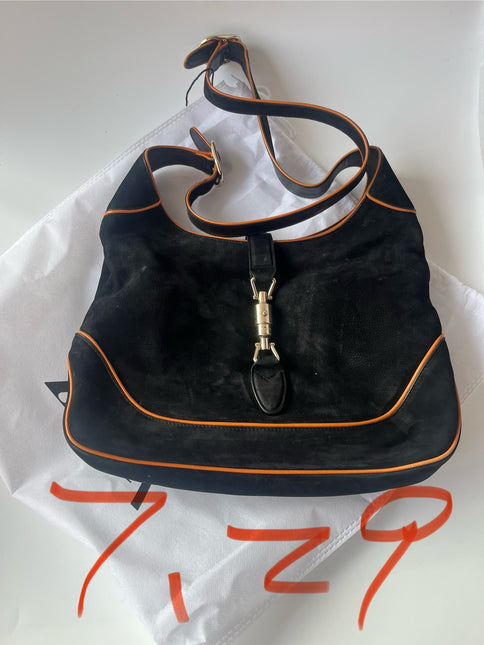 Gucci Jackie 1961 Medium Black Suede Leather with Orange Trimming Bag