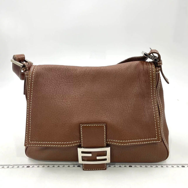 Fendi Mamma Forever Baguette Selleria Brown Calfskin Leather Silver Hardware