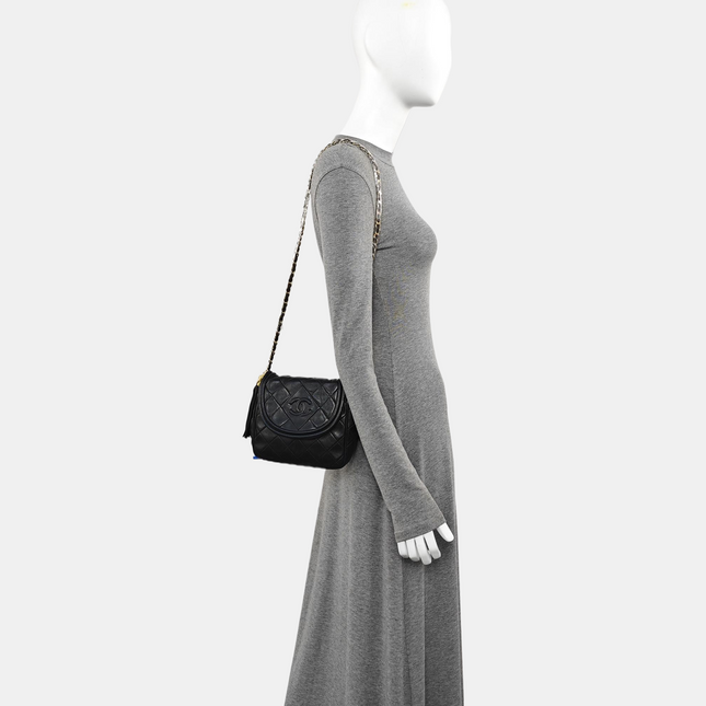 Chanel Vintage Mini CC Tassel Flap Bag Black Lambskin Matelasse Chain