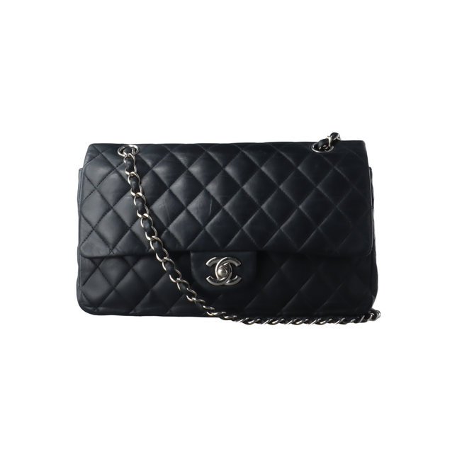 Chanel Timeless Classic Flap Medium Black Lambskin Leather Silver Hardware, 2009-2010-Luxbags