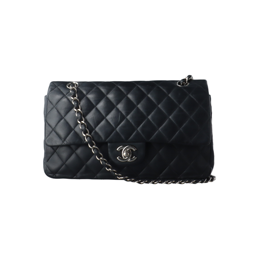 Chanel Timeless Classic Flap Medium Black Lambskin Leather Silver Hardware, 2009-2010-Luxbags