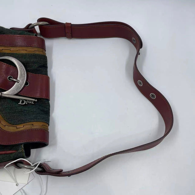 Dior Vintage Gaucho Mini Green Denim Burgundy Leather Crossbody Bag 2006