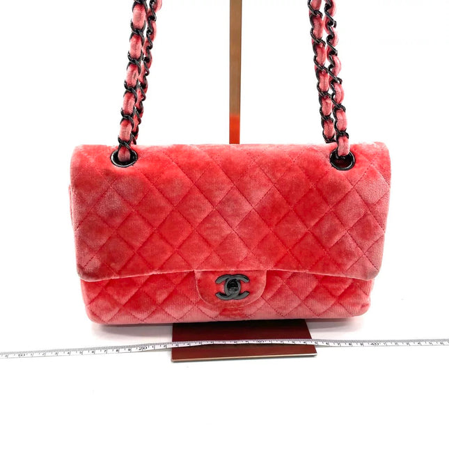 Chanel Classic Flap Medium Coral Orange Velvet Silver Hardware-Luxbags