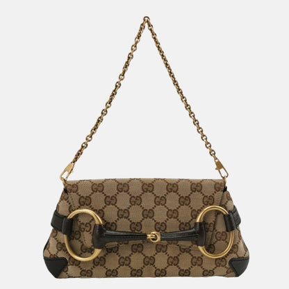 Gucci Horsebit 1955 Chain Clutch Small Cloth Beige Monogram Brown Leather Shoulder bag-Luxbags