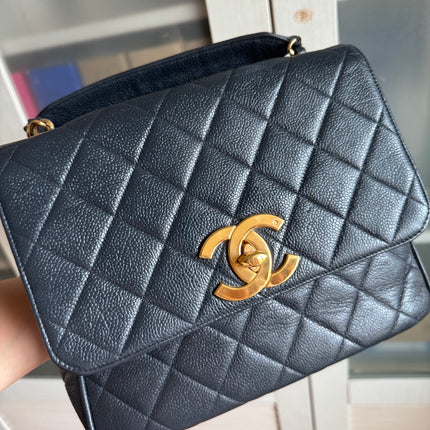 Chanel Classic Flap Vintage Navy Black Caviar Leather 24k Gold Plated Giant CC Logo, 1994-96